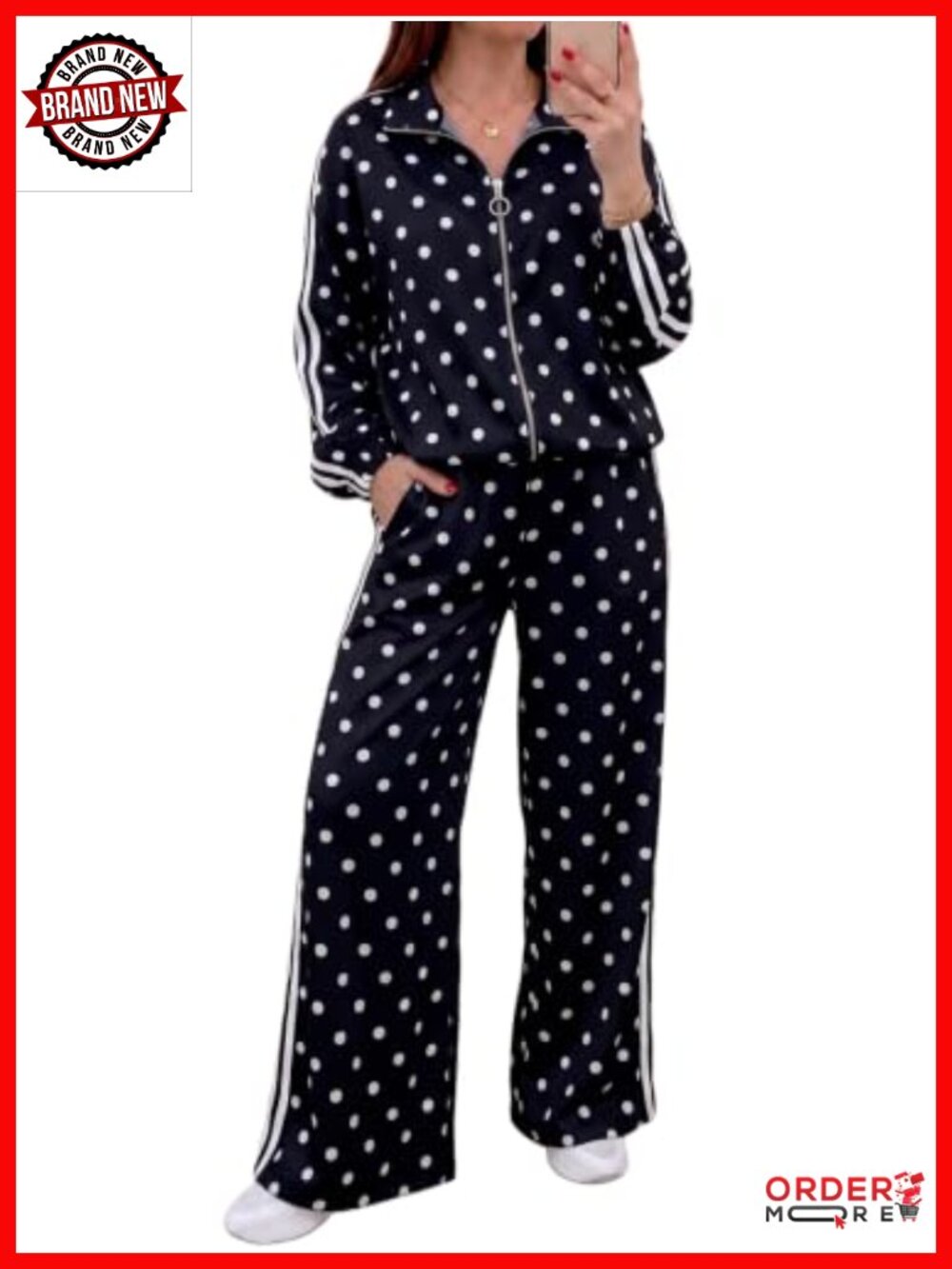 Polka Dot 2 Piece Tracksuit Zip Up Sweatshirt Wide Leg Pants Set